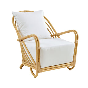 An elegant outdoor chair with a curved backrest and armrests, made with a weather proof material, featuring a white seat cushion.